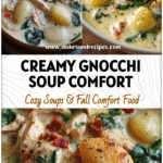 A bowl of creamy Chicken Gnocchi Soup with tender gnocchi, chicken, and spinach in a rich broth inspired by Olive Garden.